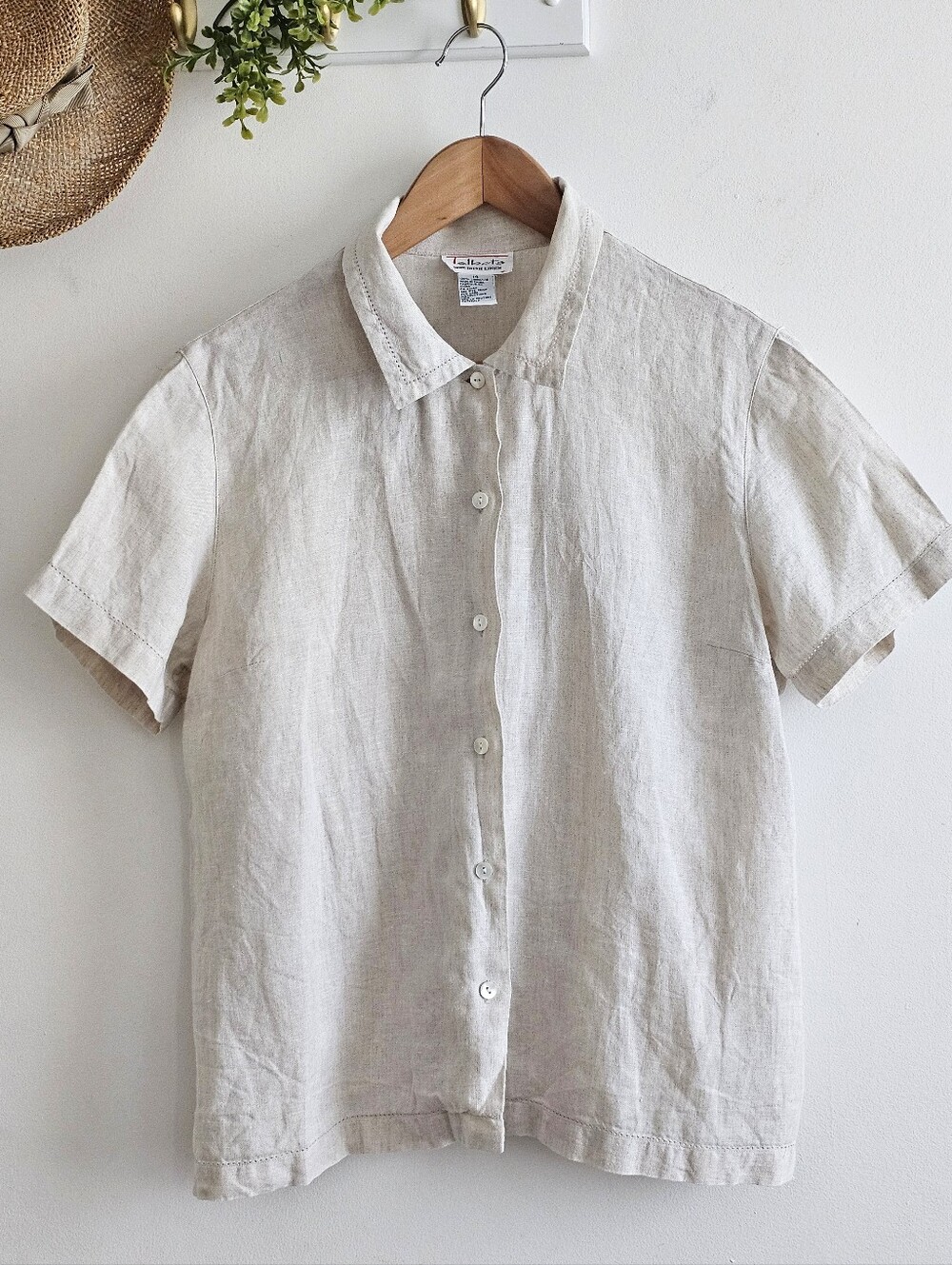 Talbots 100% Irish Linen Button Front Blouse Women’s Size 14 Beige Vintage Top